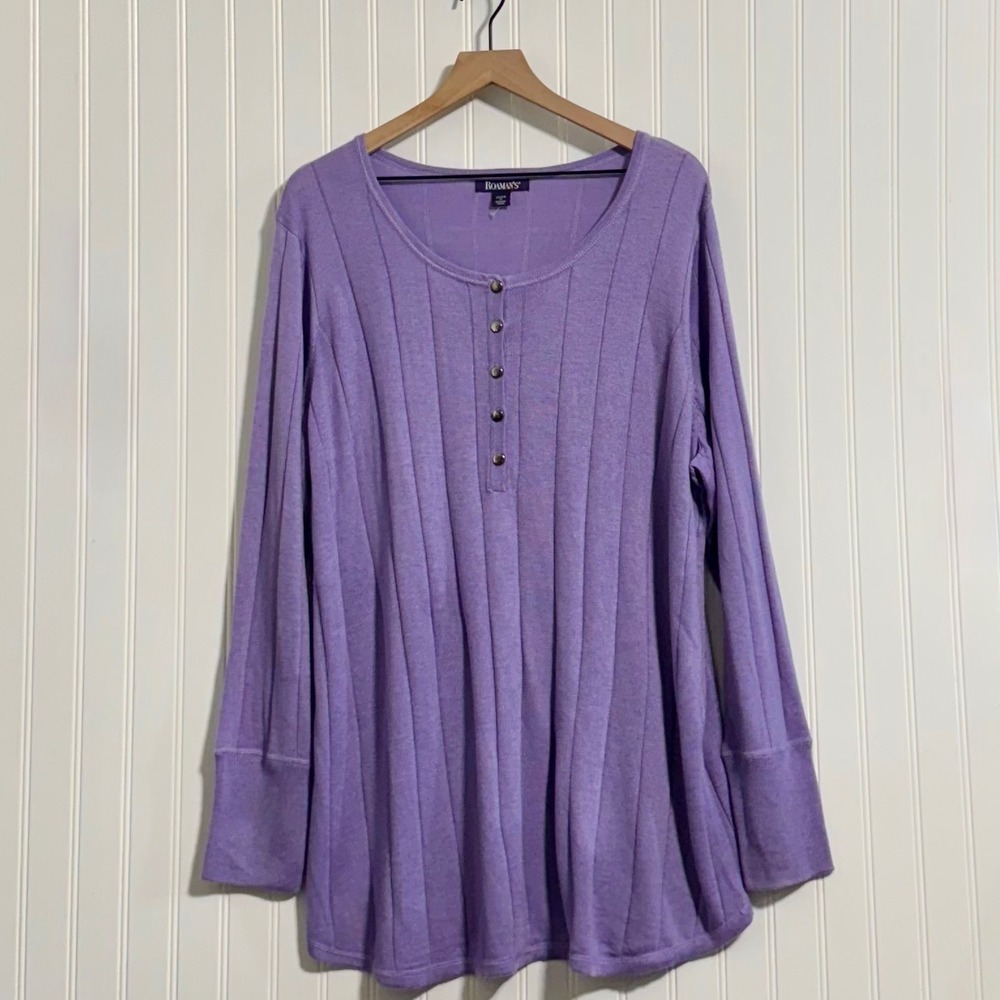 Roaman's 1X 22/24 Lavender Henley Sweater Long Sleeve Ribbed Plus Size Purple
